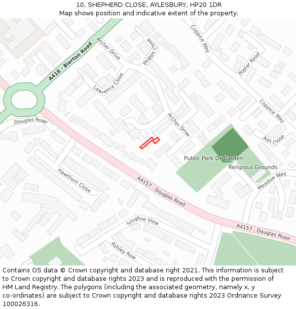 10, SHEPHERD CLOSE, AYLESBURY, HP20 1DR: Location map and indicative extent of plot