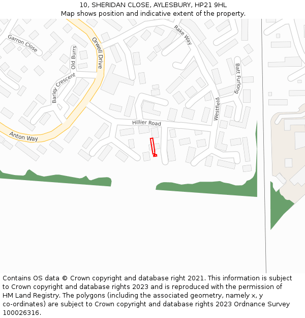 10, SHERIDAN CLOSE, AYLESBURY, HP21 9HL: Location map and indicative extent of plot