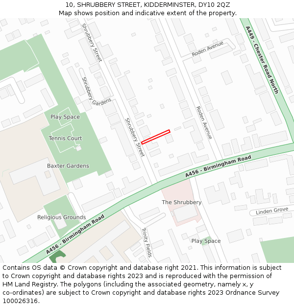 10, SHRUBBERY STREET, KIDDERMINSTER, DY10 2QZ: Location map and indicative extent of plot