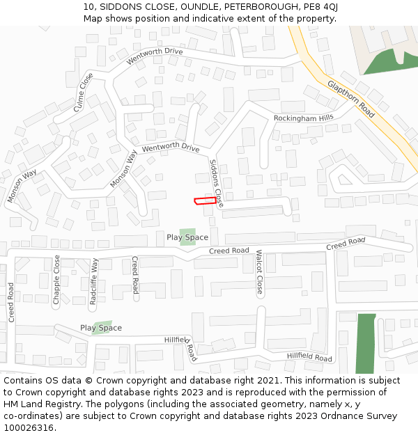 10, SIDDONS CLOSE, OUNDLE, PETERBOROUGH, PE8 4QJ: Location map and indicative extent of plot