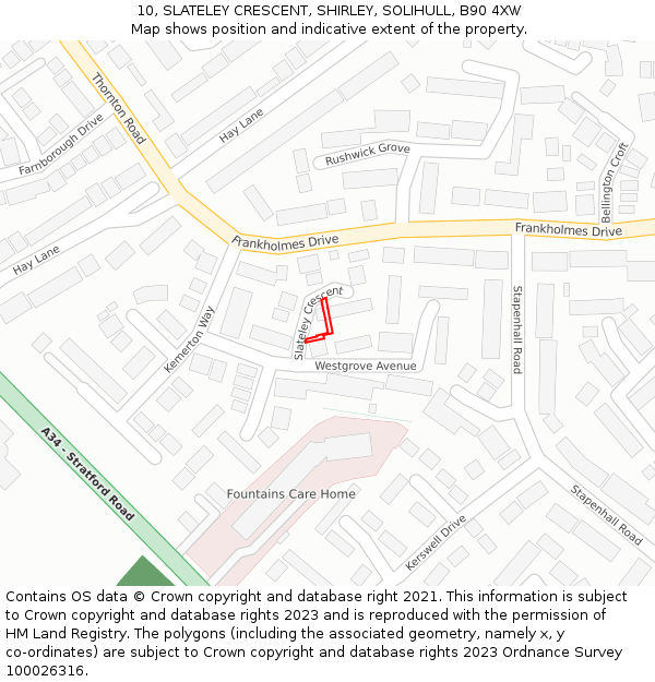 10, SLATELEY CRESCENT, SHIRLEY, SOLIHULL, B90 4XW: Location map and indicative extent of plot