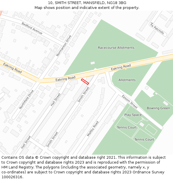 10, SMITH STREET, MANSFIELD, NG18 3BG: Location map and indicative extent of plot