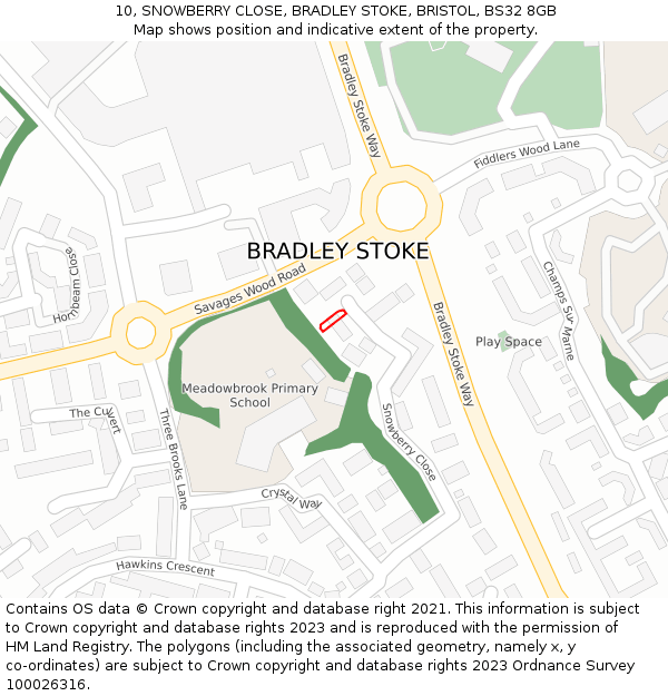 10, SNOWBERRY CLOSE, BRADLEY STOKE, BRISTOL, BS32 8GB: Location map and indicative extent of plot