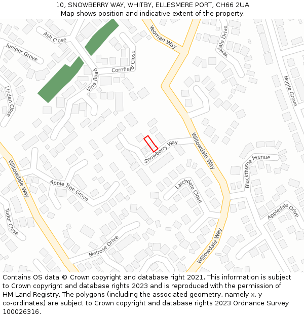 10, SNOWBERRY WAY, WHITBY, ELLESMERE PORT, CH66 2UA: Location map and indicative extent of plot
