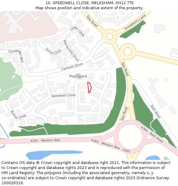10, SPEEDWELL CLOSE, MELKSHAM, SN12 7TE: Location map and indicative extent of plot