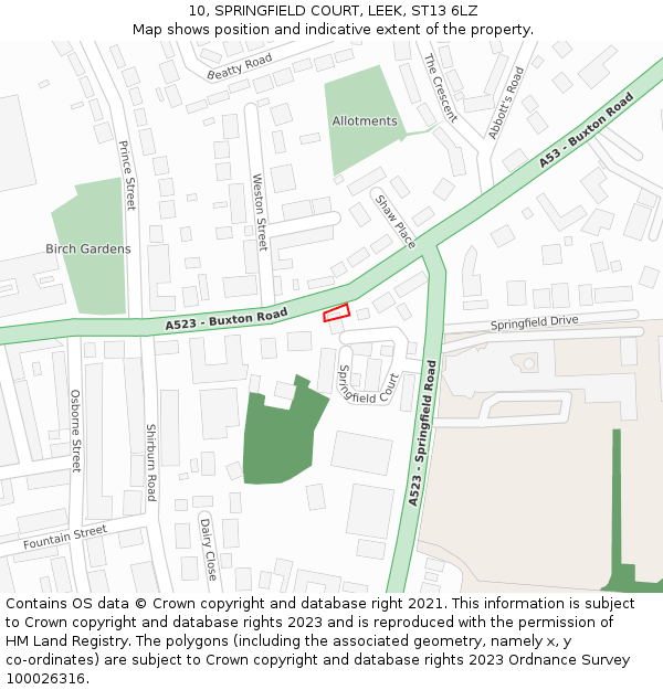 10, SPRINGFIELD COURT, LEEK, ST13 6LZ: Location map and indicative extent of plot