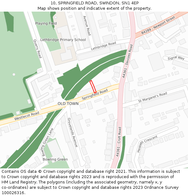 10, SPRINGFIELD ROAD, SWINDON, SN1 4EP: Location map and indicative extent of plot