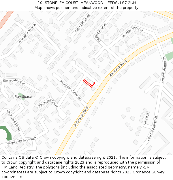 10, STONELEA COURT, MEANWOOD, LEEDS, LS7 2UH: Location map and indicative extent of plot