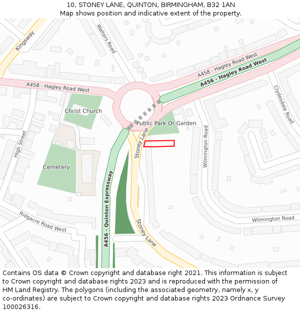 10, STONEY LANE, QUINTON, BIRMINGHAM, B32 1AN: Location map and indicative extent of plot