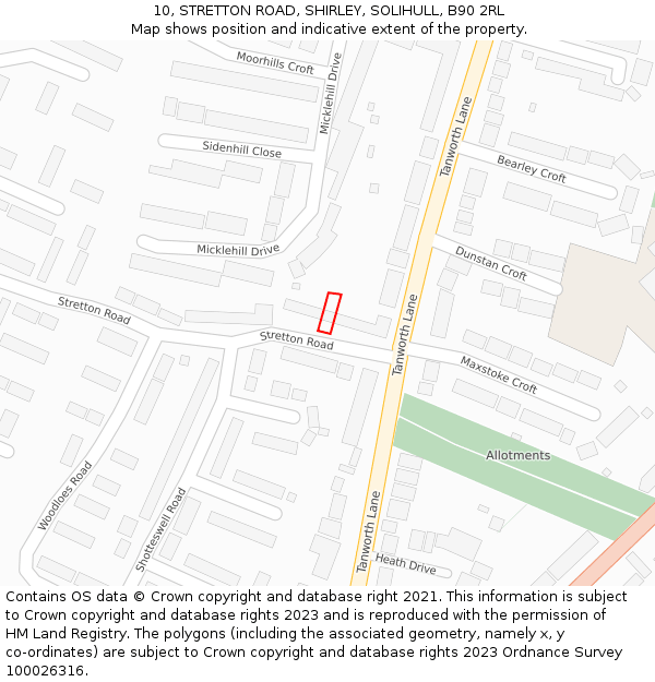 10, STRETTON ROAD, SHIRLEY, SOLIHULL, B90 2RL: Location map and indicative extent of plot