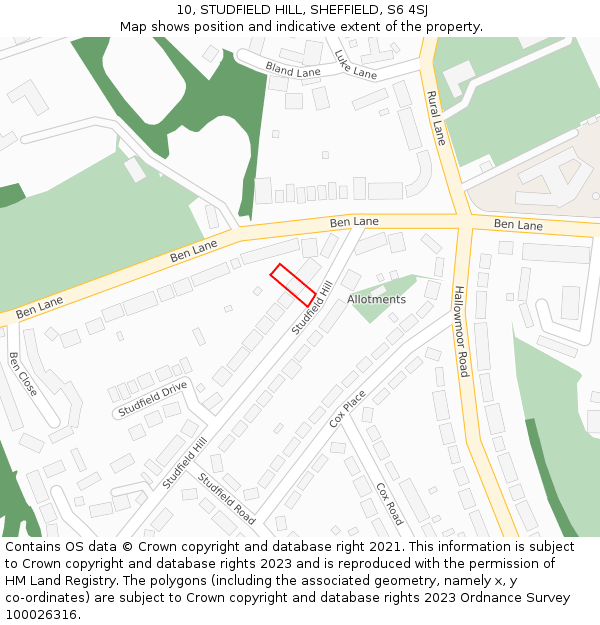 10, STUDFIELD HILL, SHEFFIELD, S6 4SJ: Location map and indicative extent of plot
