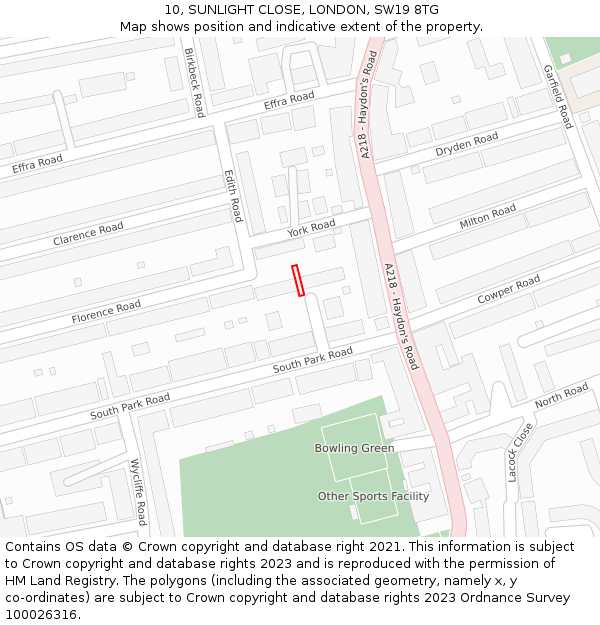 10, SUNLIGHT CLOSE, LONDON, SW19 8TG: Location map and indicative extent of plot