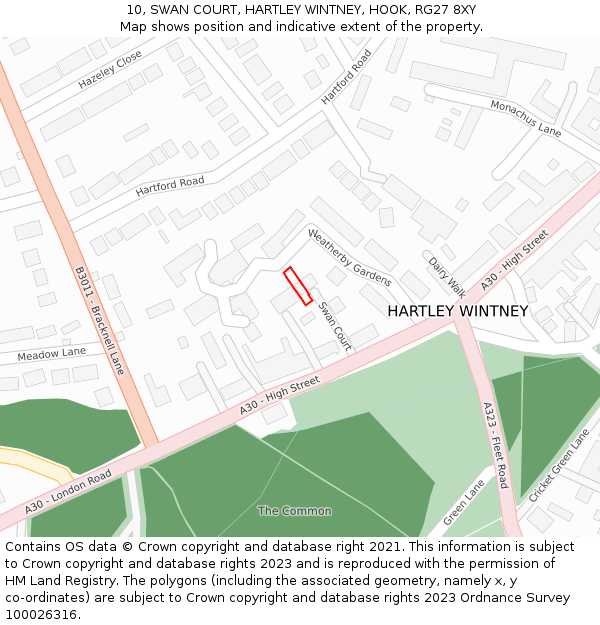 10, SWAN COURT, HARTLEY WINTNEY, HOOK, RG27 8XY: Location map and indicative extent of plot
