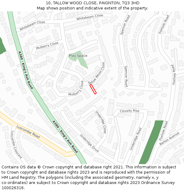10, TALLOW WOOD CLOSE, PAIGNTON, TQ3 3HD: Location map and indicative extent of plot
