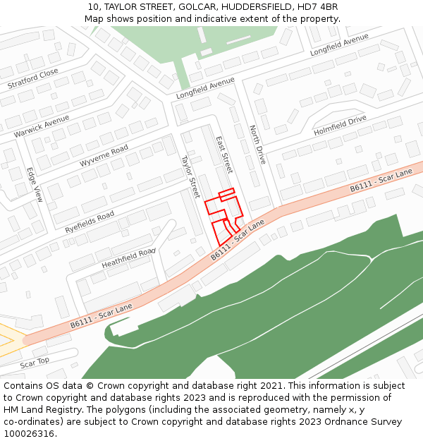 10, TAYLOR STREET, GOLCAR, HUDDERSFIELD, HD7 4BR: Location map and indicative extent of plot