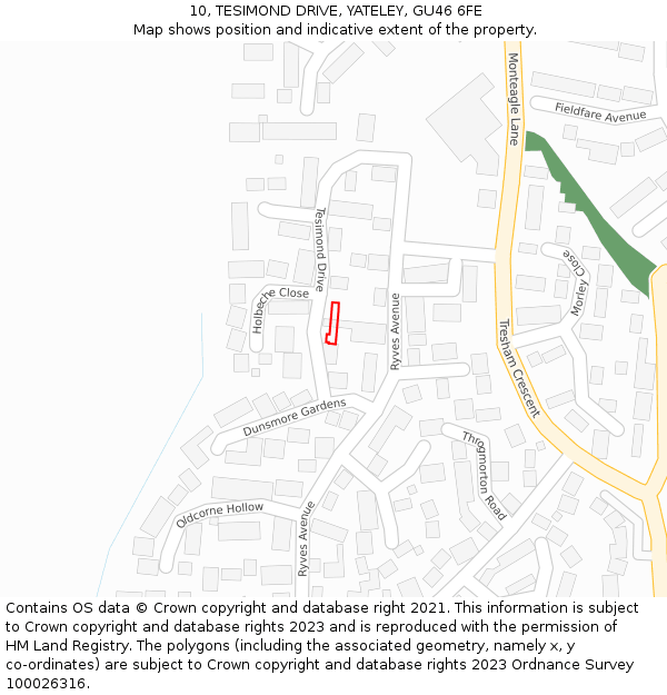 10, TESIMOND DRIVE, YATELEY, GU46 6FE: Location map and indicative extent of plot