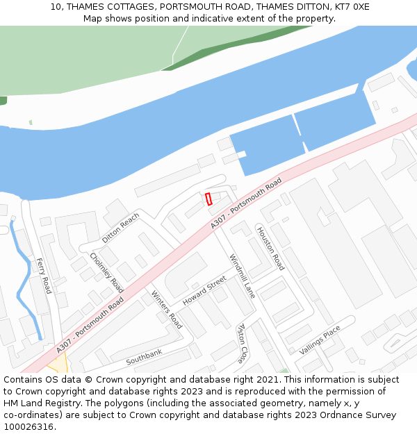 10, THAMES COTTAGES, PORTSMOUTH ROAD, THAMES DITTON, KT7 0XE: Location map and indicative extent of plot