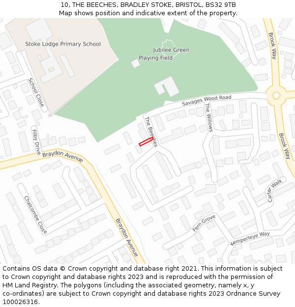 10, THE BEECHES, BRADLEY STOKE, BRISTOL, BS32 9TB: Location map and indicative extent of plot