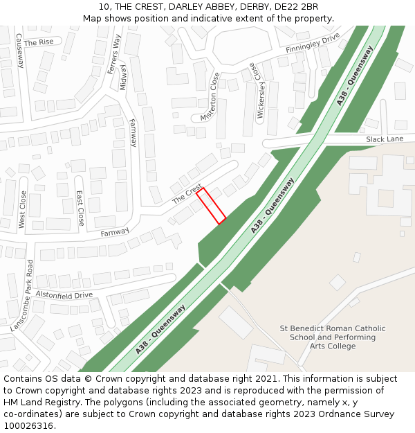 10, THE CREST, DARLEY ABBEY, DERBY, DE22 2BR: Location map and indicative extent of plot