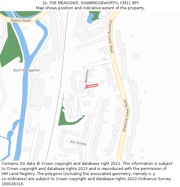 10, THE MEADOWS, SAWBRIDGEWORTH, CM21 9PY: Location map and indicative extent of plot