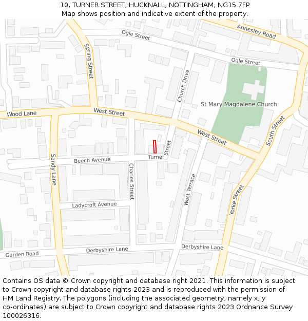 10, TURNER STREET, HUCKNALL, NOTTINGHAM, NG15 7FP: Location map and indicative extent of plot