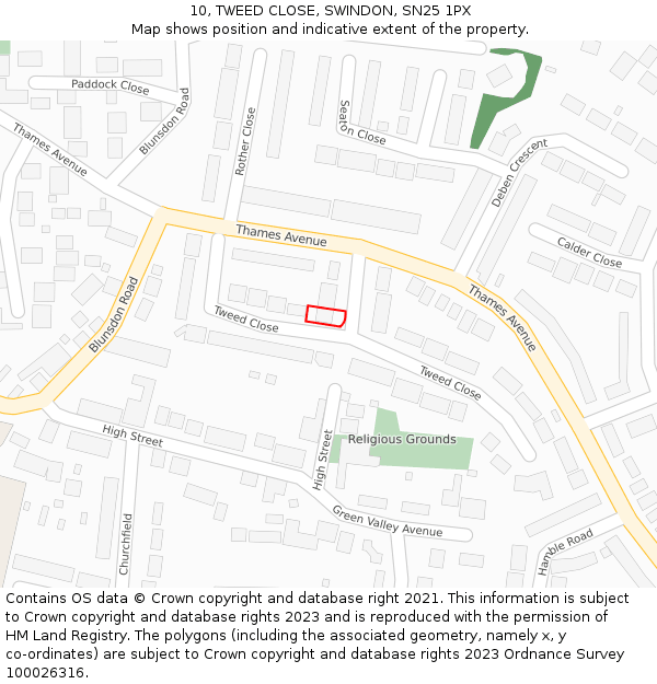 10, TWEED CLOSE, SWINDON, SN25 1PX: Location map and indicative extent of plot