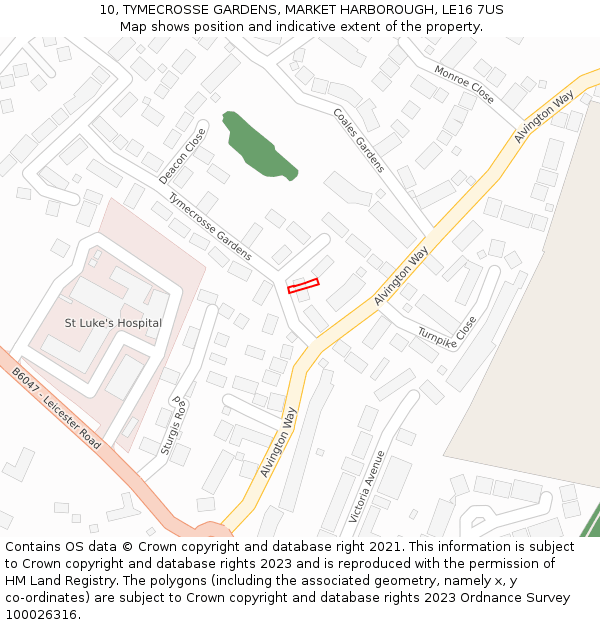 10, TYMECROSSE GARDENS, MARKET HARBOROUGH, LE16 7US: Location map and indicative extent of plot