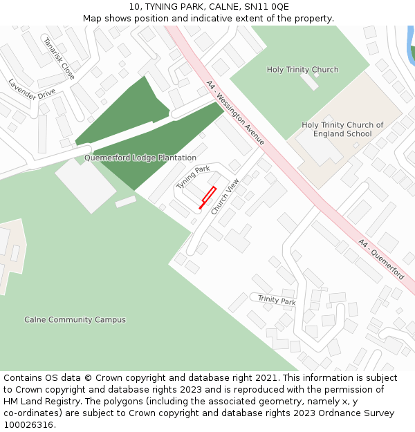 10, TYNING PARK, CALNE, SN11 0QE: Location map and indicative extent of plot
