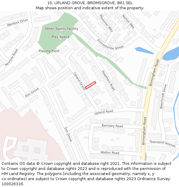 10, UPLAND GROVE, BROMSGROVE, B61 0EL: Location map and indicative extent of plot