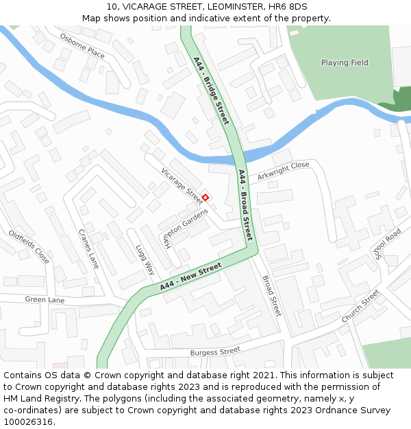 10, VICARAGE STREET, LEOMINSTER, HR6 8DS: Location map and indicative extent of plot
