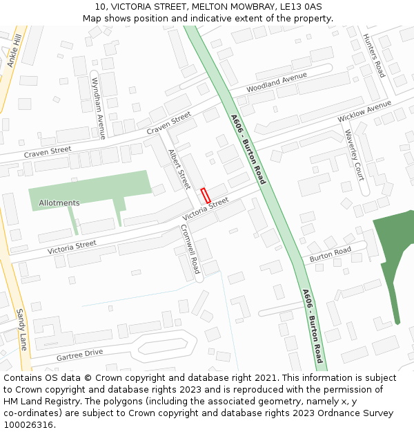 10, VICTORIA STREET, MELTON MOWBRAY, LE13 0AS: Location map and indicative extent of plot