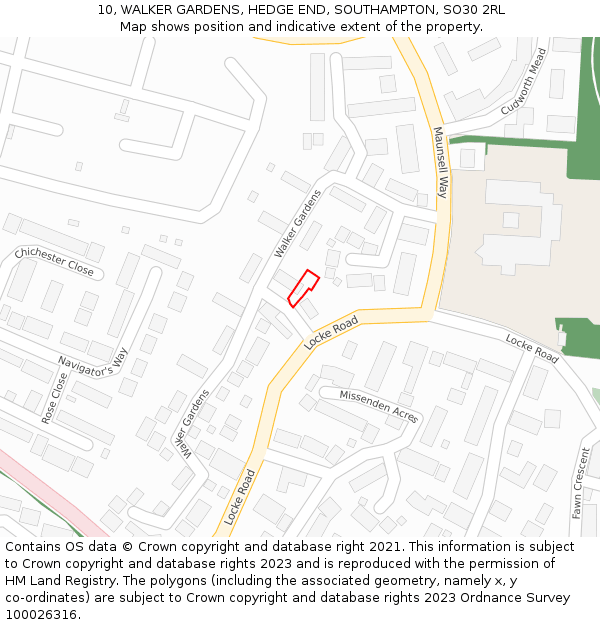 10, WALKER GARDENS, HEDGE END, SOUTHAMPTON, SO30 2RL: Location map and indicative extent of plot