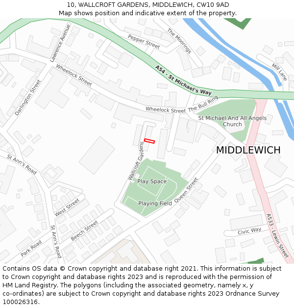 10, WALLCROFT GARDENS, MIDDLEWICH, CW10 9AD: Location map and indicative extent of plot