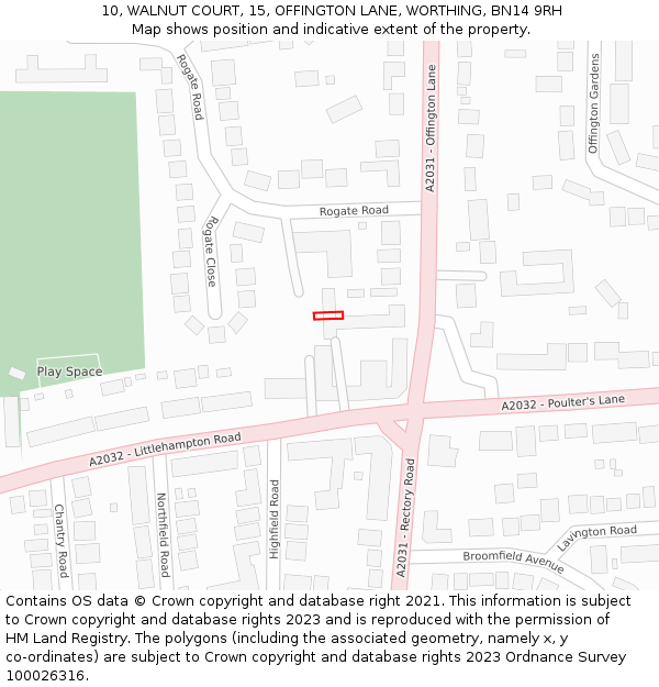 10, WALNUT COURT, 15, OFFINGTON LANE, WORTHING, BN14 9RH: Location map and indicative extent of plot