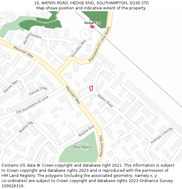 10, WATKIN ROAD, HEDGE END, SOUTHAMPTON, SO30 2TD: Location map and indicative extent of plot