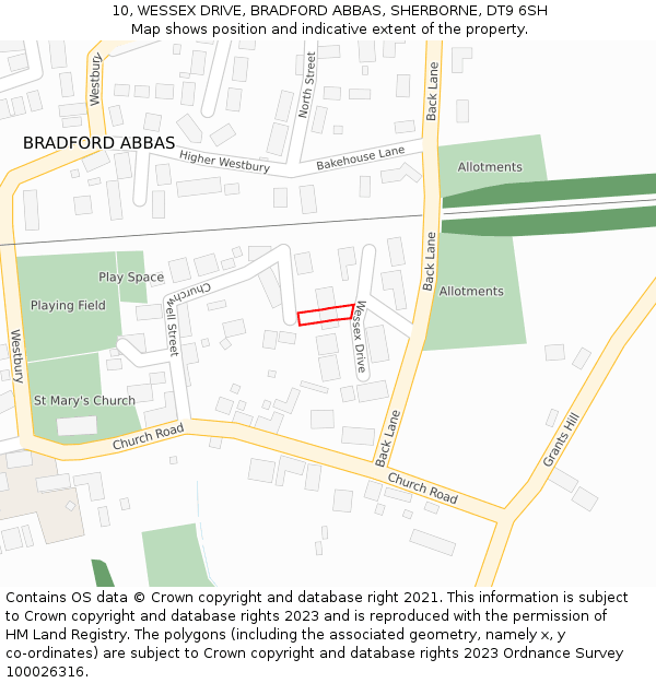 10, WESSEX DRIVE, BRADFORD ABBAS, SHERBORNE, DT9 6SH: Location map and indicative extent of plot