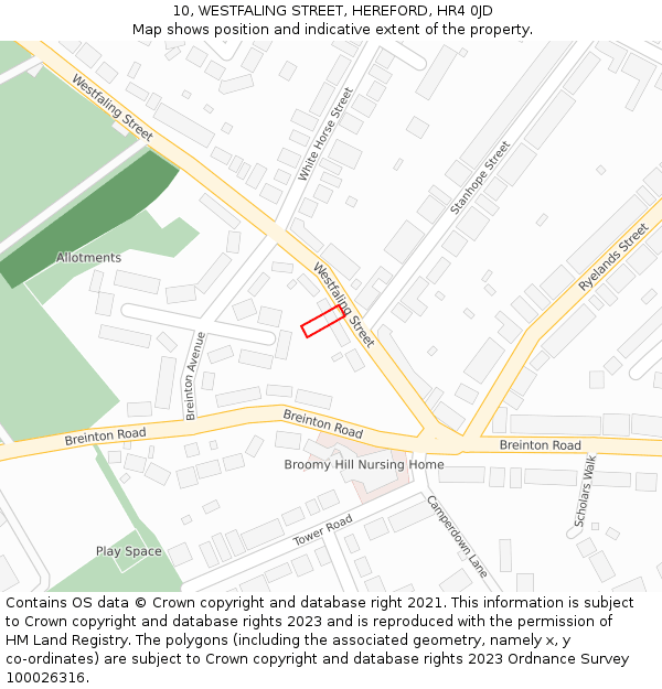 10, WESTFALING STREET, HEREFORD, HR4 0JD: Location map and indicative extent of plot