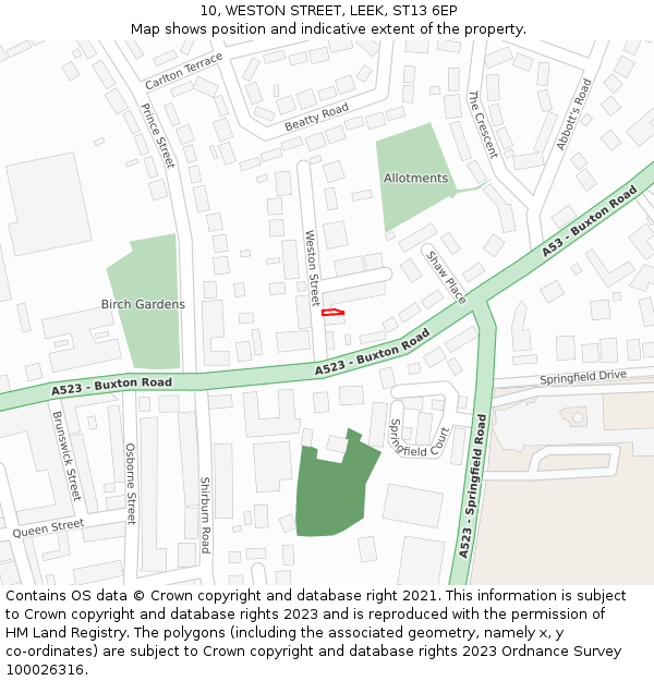 10, WESTON STREET, LEEK, ST13 6EP: Location map and indicative extent of plot