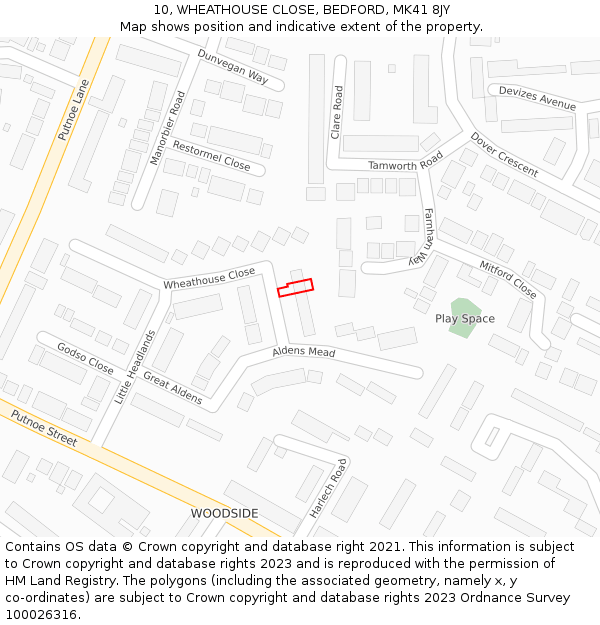 10, WHEATHOUSE CLOSE, BEDFORD, MK41 8JY: Location map and indicative extent of plot