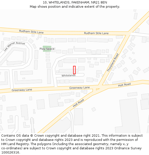 10, WHITELANDS, FAKENHAM, NR21 8EN: Location map and indicative extent of plot