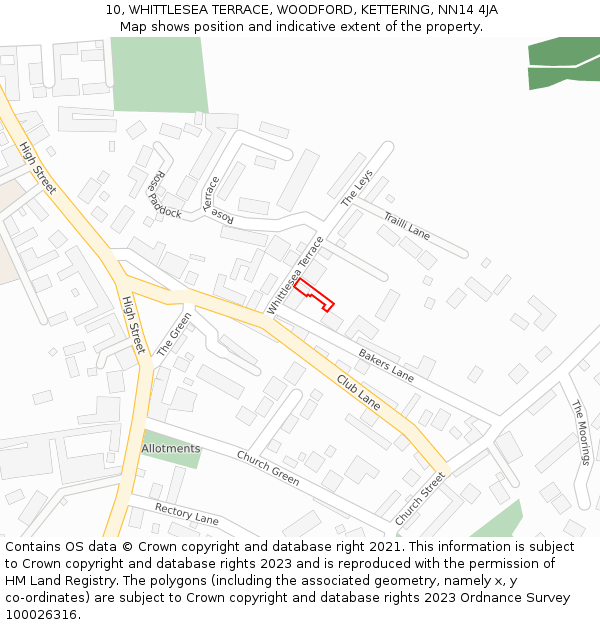 10, WHITTLESEA TERRACE, WOODFORD, KETTERING, NN14 4JA: Location map and indicative extent of plot