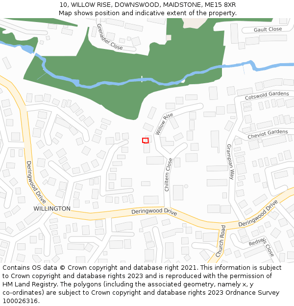 10, WILLOW RISE, DOWNSWOOD, MAIDSTONE, ME15 8XR: Location map and indicative extent of plot