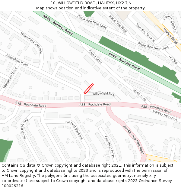 10, WILLOWFIELD ROAD, HALIFAX, HX2 7JN: Location map and indicative extent of plot