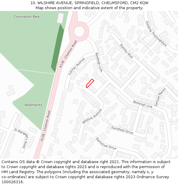10, WILSHIRE AVENUE, SPRINGFIELD, CHELMSFORD, CM2 6QW: Location map and indicative extent of plot
