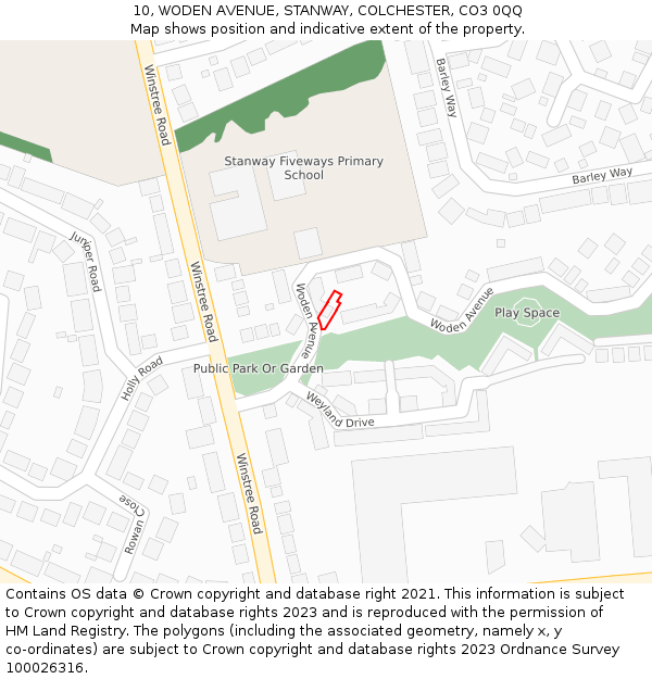 10, WODEN AVENUE, STANWAY, COLCHESTER, CO3 0QQ: Location map and indicative extent of plot
