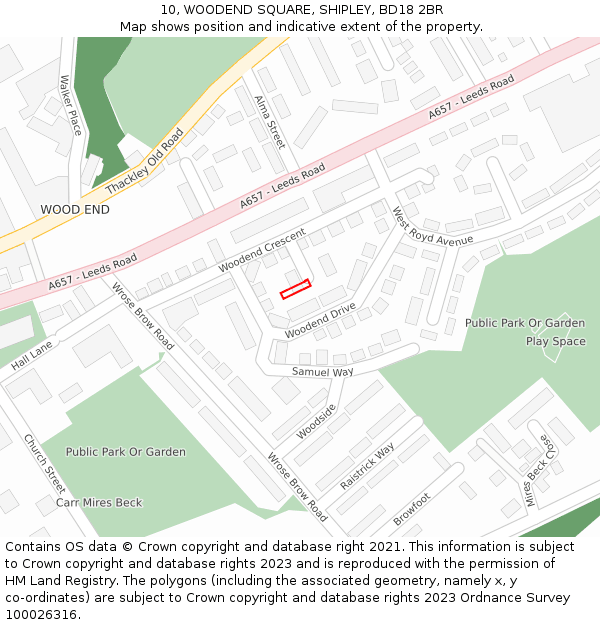 10, WOODEND SQUARE, SHIPLEY, BD18 2BR: Location map and indicative extent of plot
