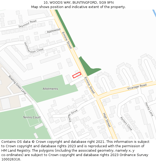 10, WOODS WAY, BUNTINGFORD, SG9 9FN: Location map and indicative extent of plot