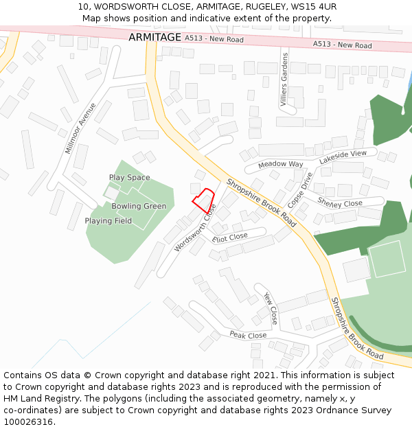 10, WORDSWORTH CLOSE, ARMITAGE, RUGELEY, WS15 4UR: Location map and indicative extent of plot