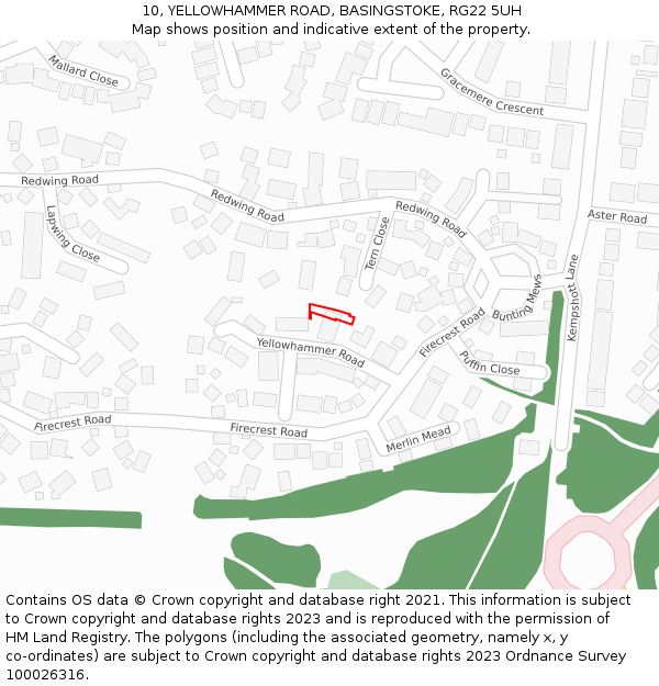 10, YELLOWHAMMER ROAD, BASINGSTOKE, RG22 5UH: Location map and indicative extent of plot