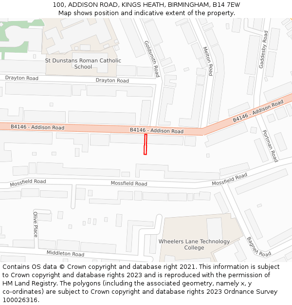100, ADDISON ROAD, KINGS HEATH, BIRMINGHAM, B14 7EW: Location map and indicative extent of plot